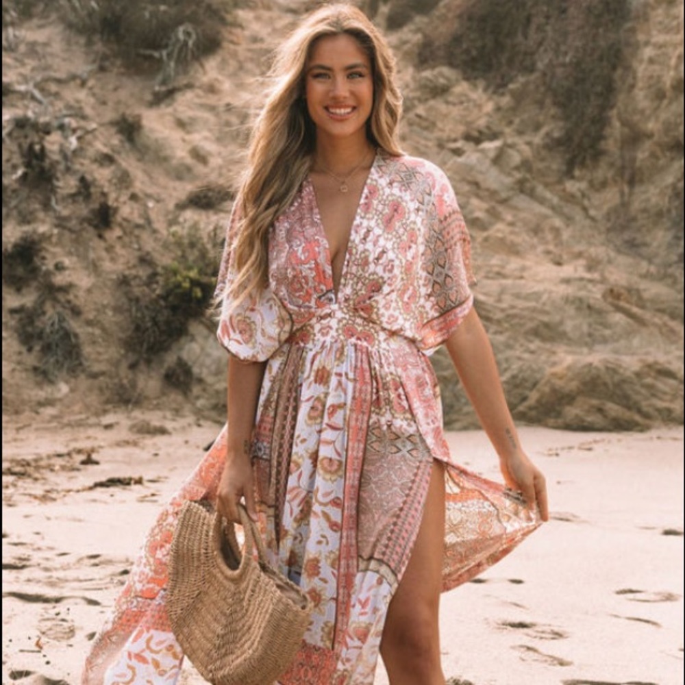 Bohemian Deep V Kimono Sleeve Beachy Vibe Kafton Midi Dress  Cover Up 🍃🌸🍃